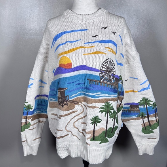 Yitai Other - YITAI White Santa Monica Pier Beach Embroidered Sz L Crew Neck Pullover Sweater